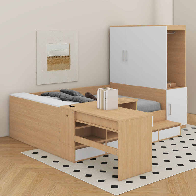 Lit plateforme double en bois avec tiroirs, bureau et tablettes, Naturel