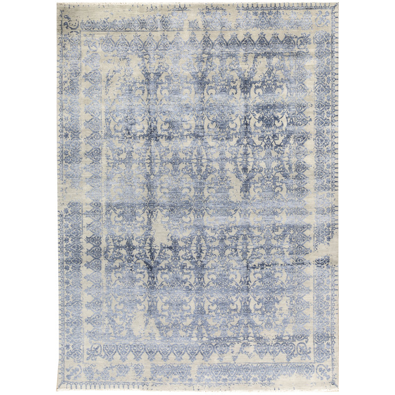 Tapis argent et bleu noué à la main de haute qualité