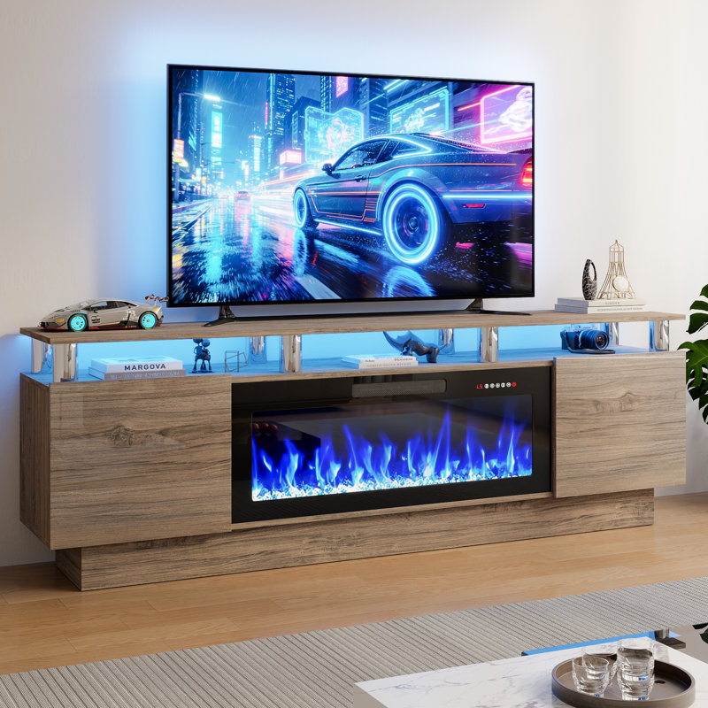 Meuble télé avec foyer électrique Alazik, Gris/argent, Noir, 24”H x 14”L x 70”W