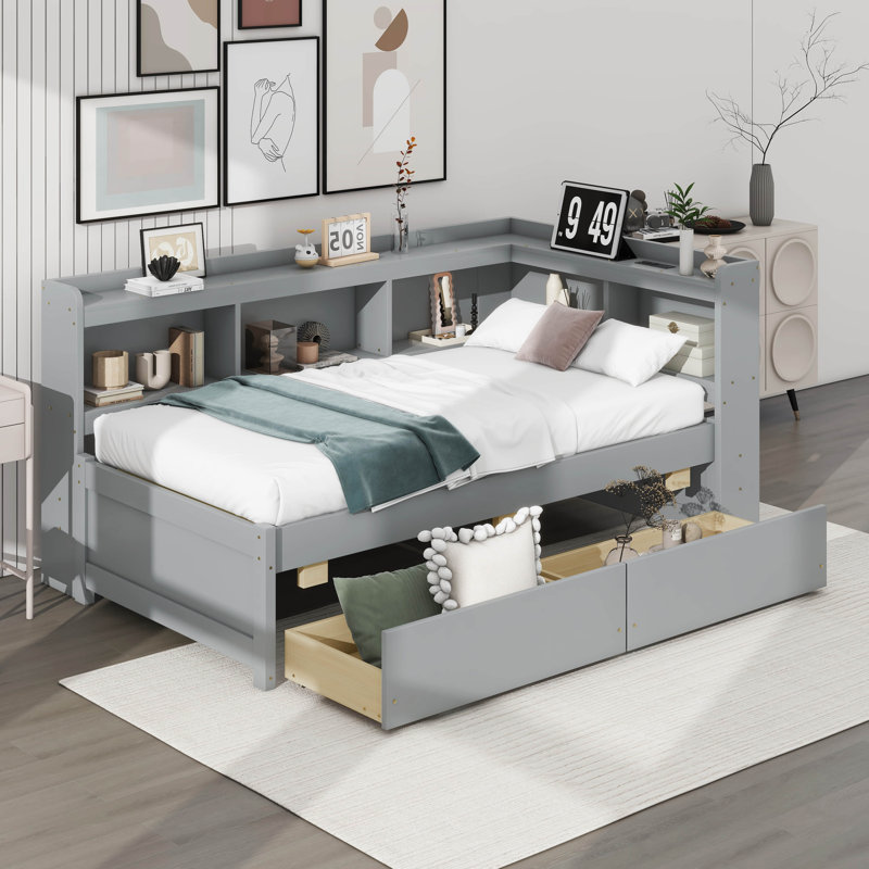 Lit en forme de L avec bibliothèques avec prises de courant, ports de chargement USB, deux tiroirs, Lit simple, Gris
