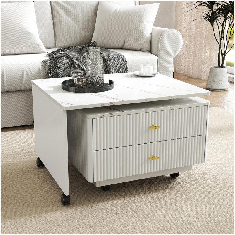 Table basse extensible avec rangement, table de salon réversible à 2 tiroirs et à 6 roulettes, blanc