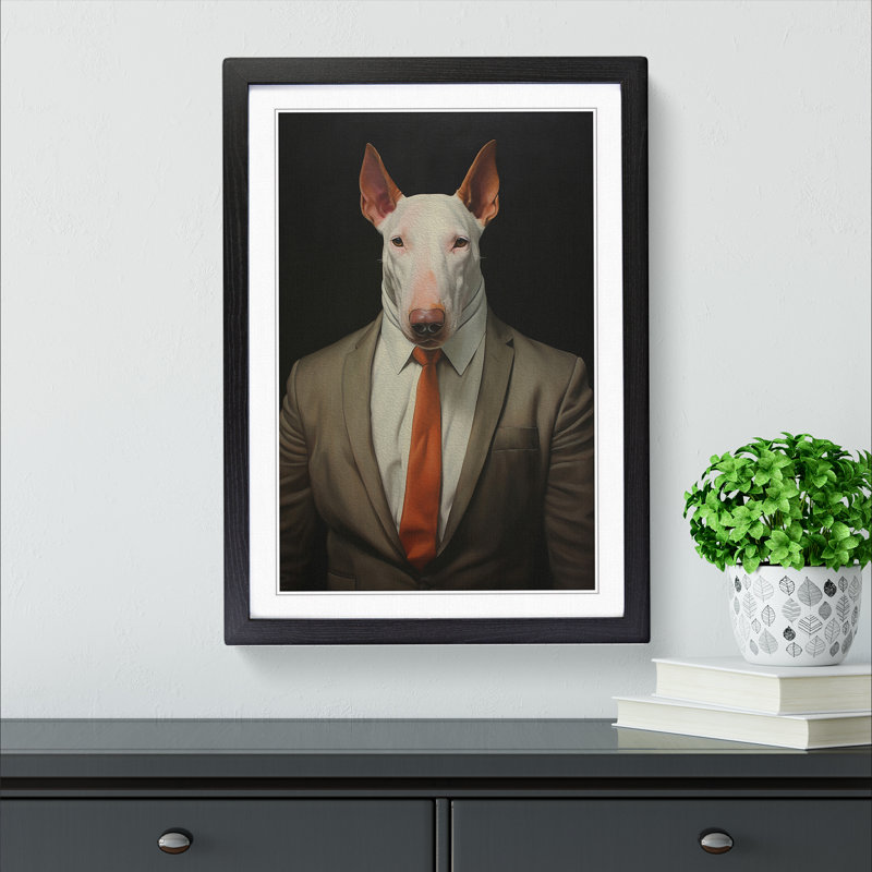 English Bull Terrier In A Suit Painting - Single Picture Frame Print on Wood, Black Framed, 64cm H x 46cm W