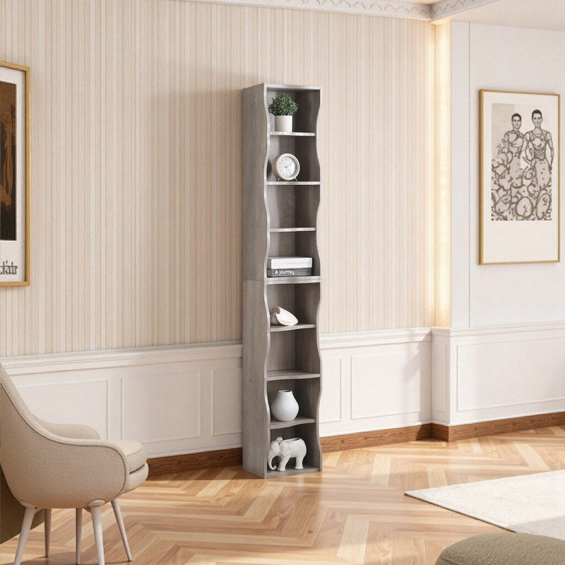 8-Tier Adjustable Shelf Bookcase With Wavy Border Design, Gray