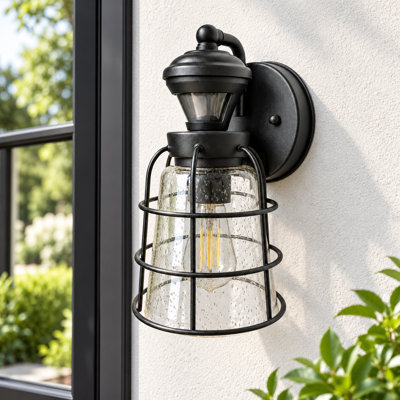 Outdoor Wall Lantern with Motion Sensor, IPX5 Waterproof Exterior Porch Light with E26 Socket, Black Nautical Wall Sconce with Seeded Glass for Entryway, Garage, Patio