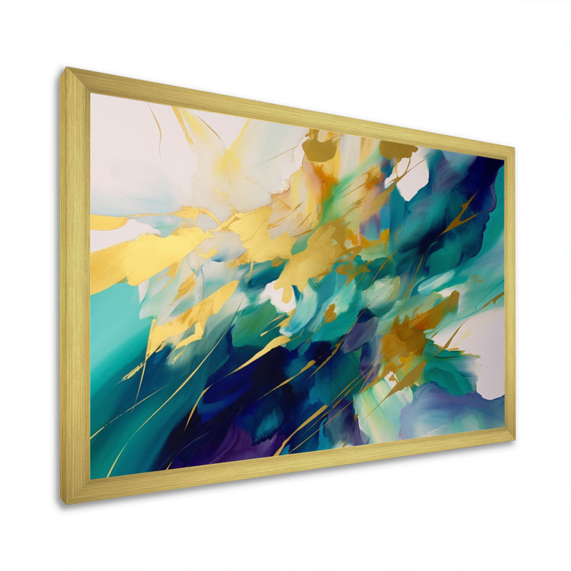 Or et turquoise, ordre complexe II sur toile, H 16 po x l 32 po x P 1 po, Cadre doré à une seule photo