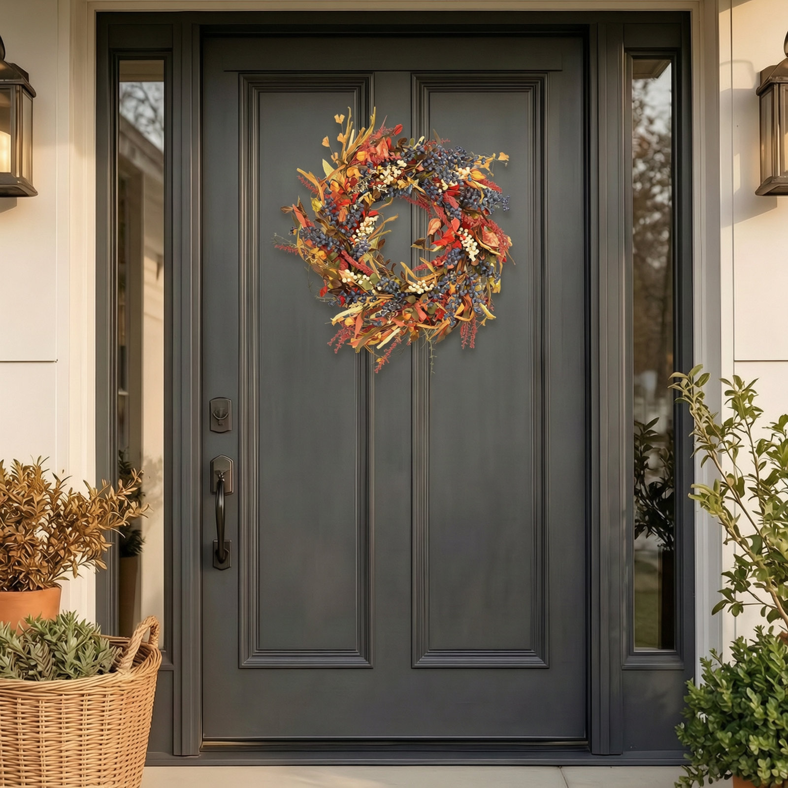 24" Handcrafted Foliage, Berry Thanksgiving Wreath, Orange/Blue