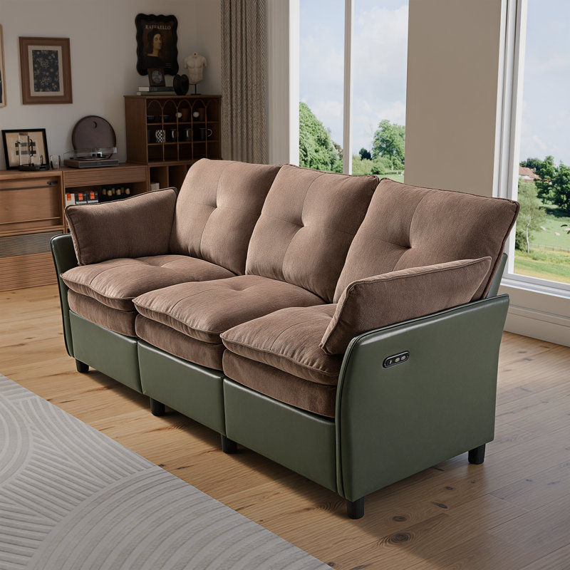 77"Wide Modern Double Layered Chenille and PU Power Recliner Sofa 3 Seater Couch with USB and Type-C Ports,Brown, Brown