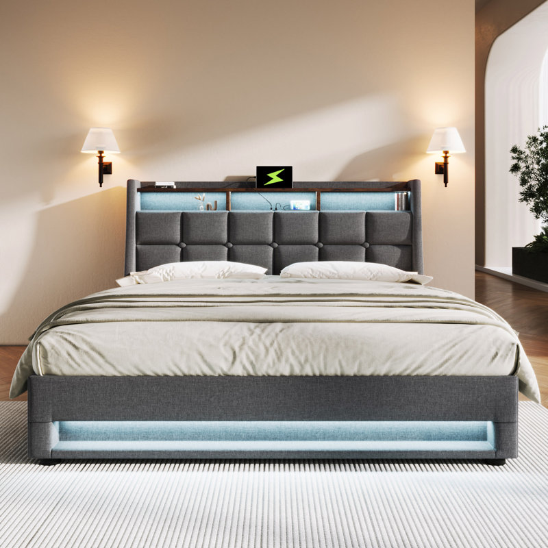 Upholstered Platform Bed With A Hydraulic Storage System, LED And USB Charging (Without Mattress), Queen, Gray