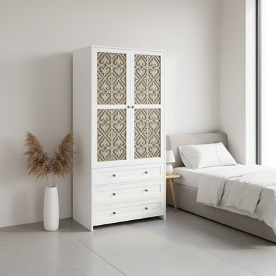 Armoire moderne à 2 portes et 3 tiroirs avec motif creux, combinaison de bois et de blanc pour la chambre à coucher ou le vestiaire