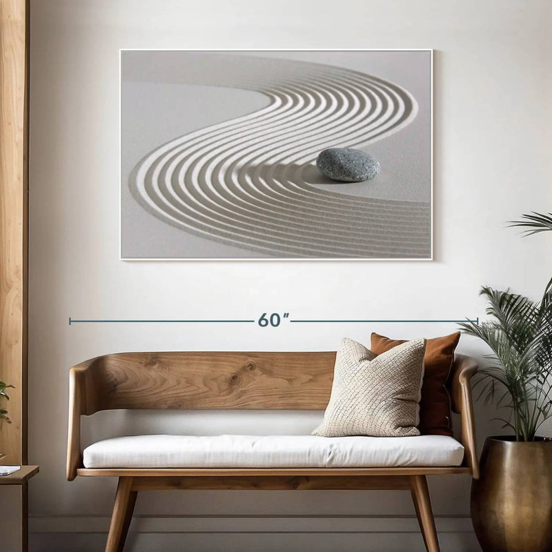 Pierre zen sur sable, 46 po x 31 po, Cadre flottant blanc
