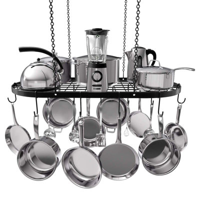Hanging Pot Rack, Ceiling Mount Kitchen Organizer for Pots and Pans with 15 Hooks, Heavy-Duty, Durable and Space-Saving Pan Holder, (Black)