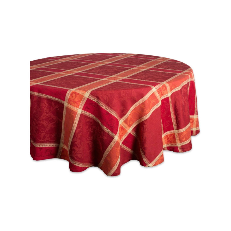 Fall Table Décor Damask Cotton, 70" Round Tablecloth, Burnt Orange Pumpkin Vine
