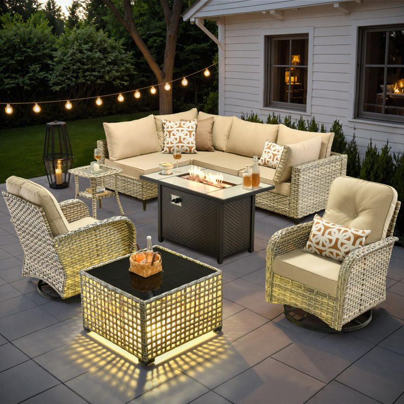 Emroy 6 - Person Outdoor Wicker Sectional Seating Group with Lighted Coffee Table and Swivel Chairs, All Weather Modular Rattan Conversation Set with Cushions