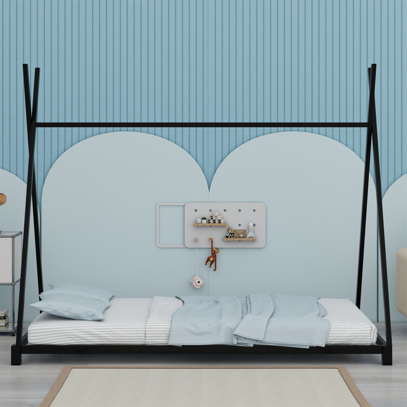 Metal House Platform Bed With Triangle Structure, Black