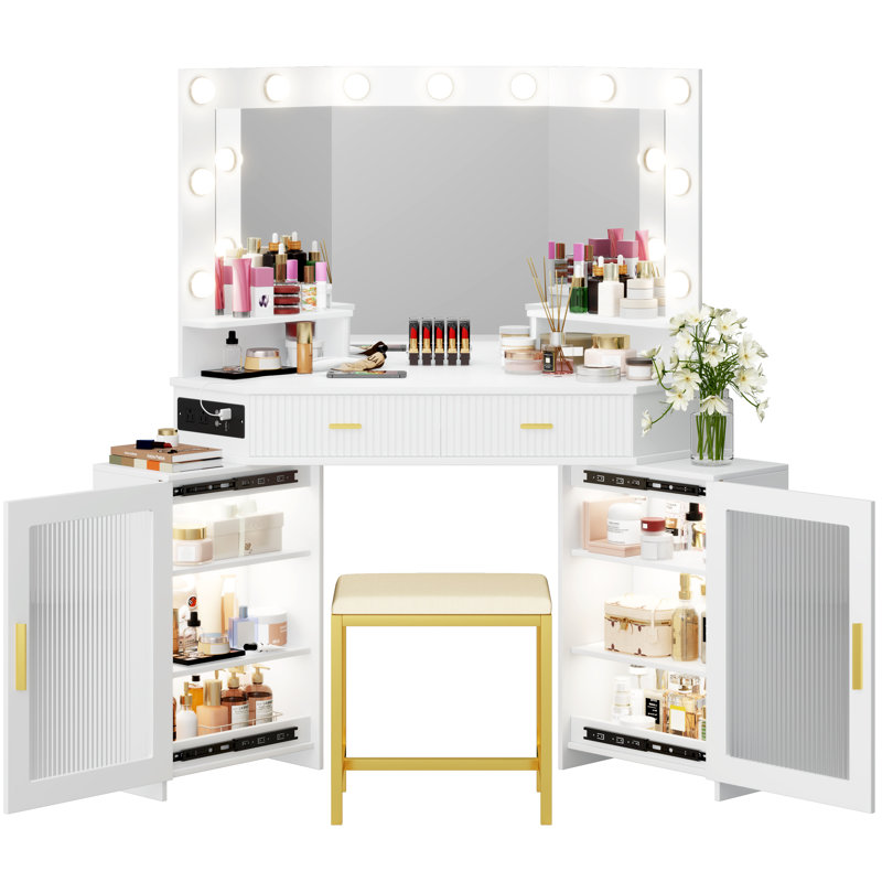 Modern Corner Makeup Vanity Set with Mirror and Cabinets, White