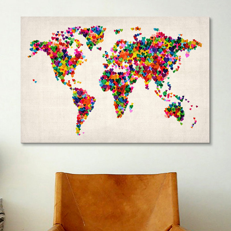 «World Map Hearts II», impression sur toile, H 18 po x l 26 po x P 1,5 po, Toile tendue, Pas de tapis