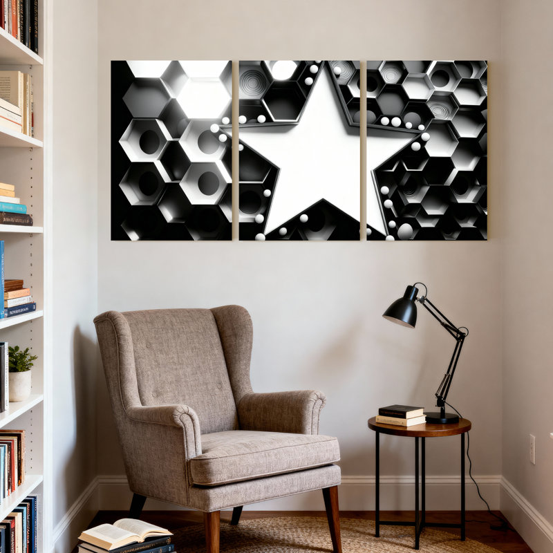 Ensemble de 3 tableaux muraux géométriques modernes modernes en toile, motif hexagonal abstrait noir et blanc