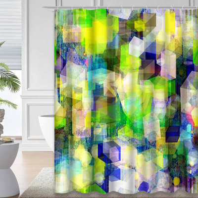 Cube Art Seamless Green Box Abstract Blue Shower Curtain with 12 Hooks
