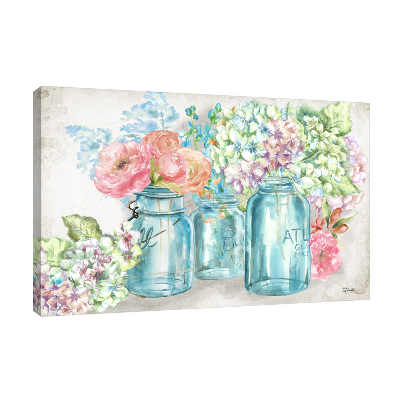 «Colorful Flowers In Mason Jars» par Tre Sorellw Studios, reproduction sur toile, H 12 po x l 18 po