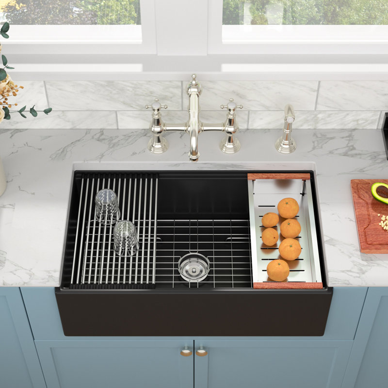 33" L x 20" W Farmhouse/Apron Kitchen Sink Rectangular Single Basin Ceramic Ledge Workstation Sink with Accessories