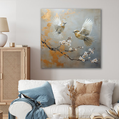 «Grey Birds Floral Serenity II», art mural oiseau