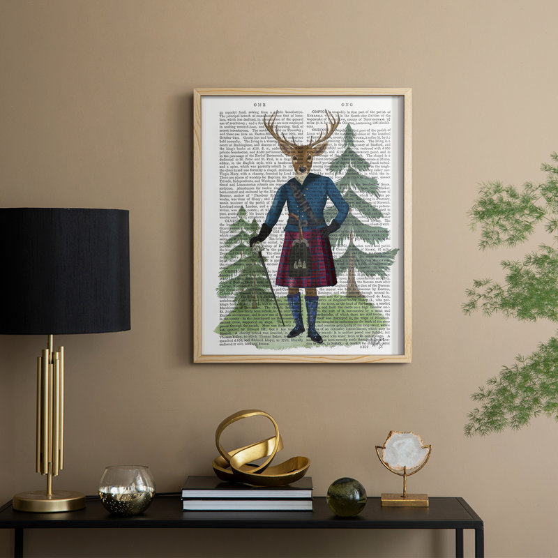 Scottish Deer Laird Tam OShunter, complet, reproduction d'art encadrée - bois massif, Naturel, H 11 po x l 9 po