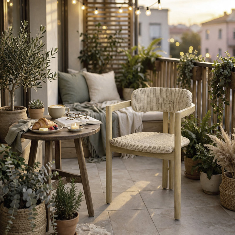 Ensemble de 2 chaises d'extérieur Seno, dossier incurvé, siège en résine tressée beige, bois naturel