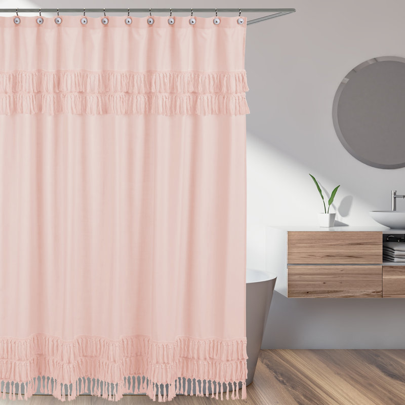 Pink Cotton Bohemian Shower Curtain with Tassel Fringe