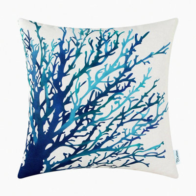 Aquarelle Coral Tree Pillow Cover - Sea Blue Teal Sofa Decor Shell, Couch Home Decoration, Canvas Painting Print