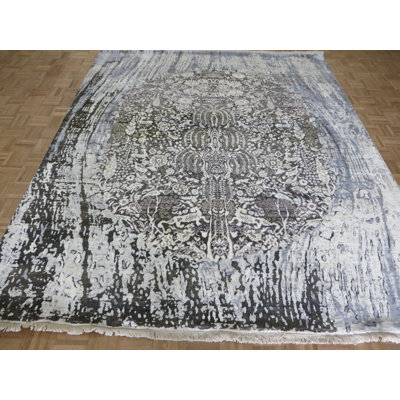 Tapis zone rectangulaire beige/ivoire/noir 8 pi 3 po x 9 pi 10 po one-of-kind noué la main Draughn