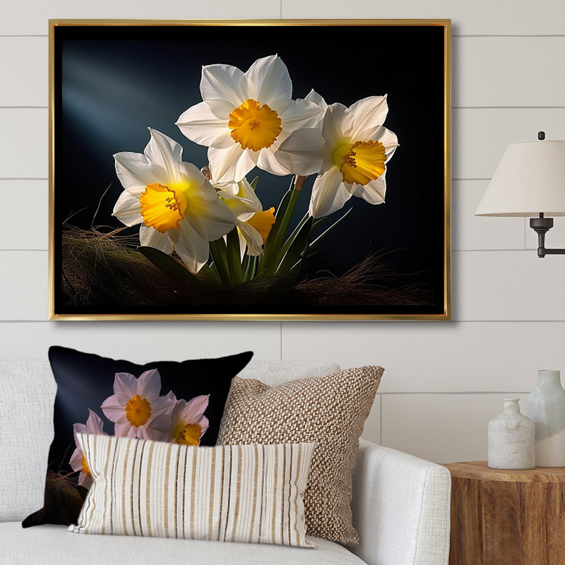 Fleur de jonquilles blanches et jaunes, Cadre flottant doré, H 30 po x l 40 po