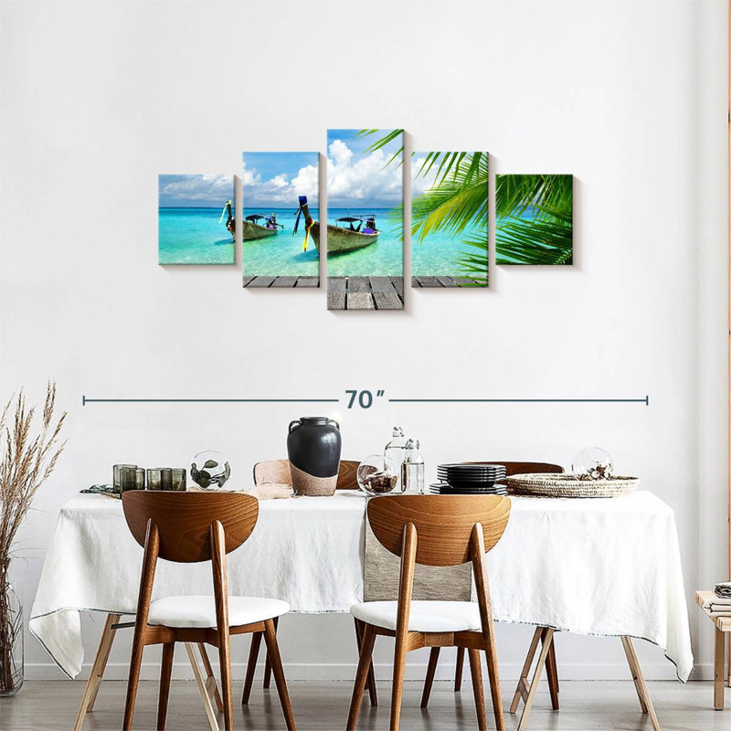 Bateaux sur une île tropicale, quai sur toile, ensemble de 5 pièces, H 55 po x l 24 po x P 1,25 po