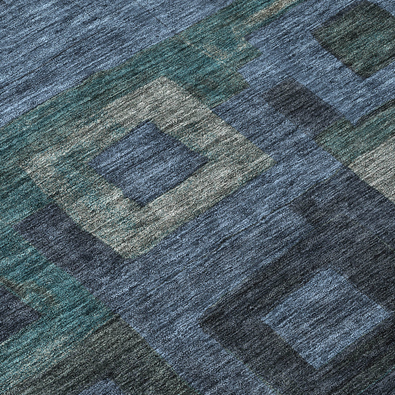 Machine Washable Blue Geometric Indoor/Outdoor Rug