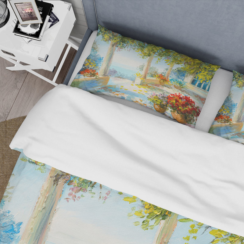 Ensemble de housse de couette nautique et côtier Terrace près de la mer avec fleurs rouges - Polyester en microfibre