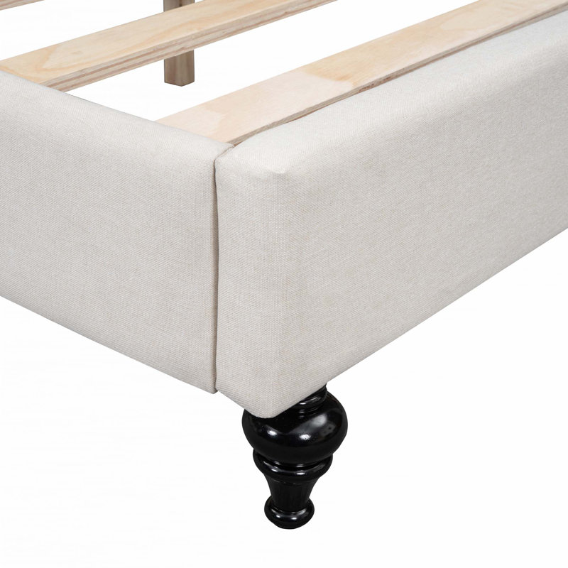 L-Shaped Linen Daybed,with Solid Wood Legs, Beige, Full/Double