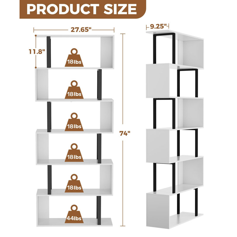 White and Black 6-Tier Geometric Wood and Metal Bookcase