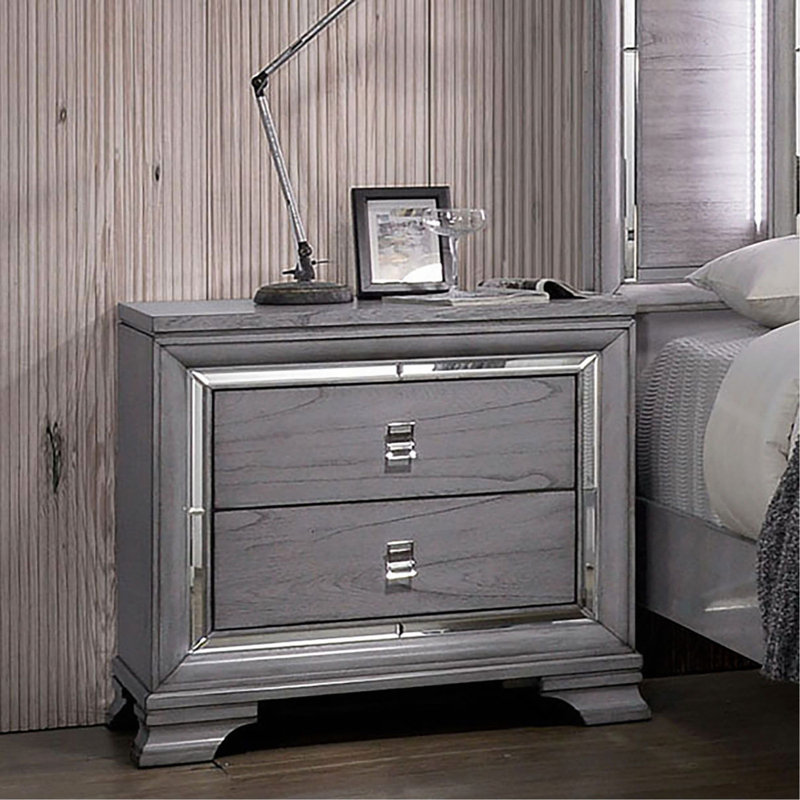 Table de chevet 2 tiroirs en bois avec bordure miroir, gris clair