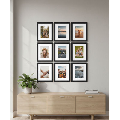 Set of 9 8x10 Picture Frames with Shatter Resistant Plexiglass - Display 5x7 with Mat or 8x10 Without Mat, Engineered Wood Frames for Wall or Tabletop