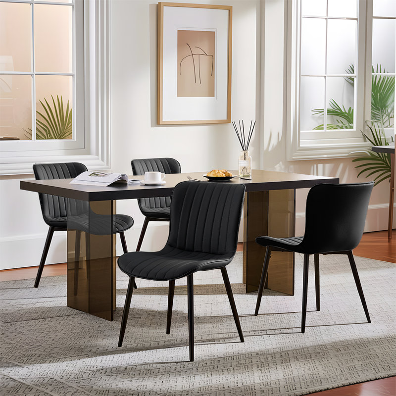 Modern Dining Chairs, Leather Dining Side Chairs With Sturdy Metal Frame & Non-Slip Feet For Kitchen, Restaurant, Black, 4
