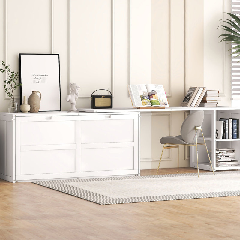 Grand lit avec bureau portable, blanc, construction compacte et écoénergétique, Blanc