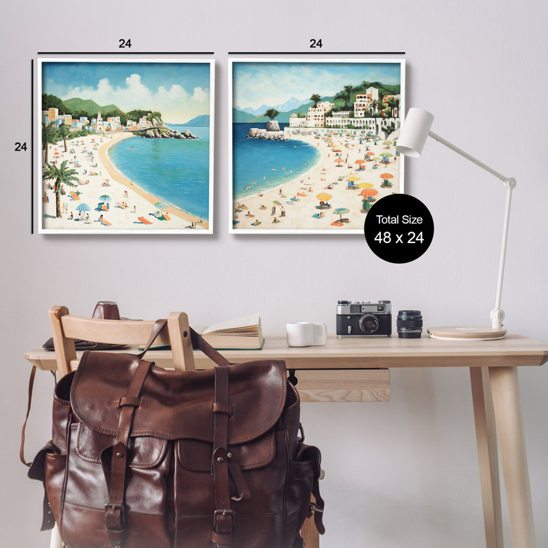 Reproduction d'art sur bois, "Beach Goers On Curved Shore", 2 pièces, par A4-668, Giclée encadrée blanc bord de mer