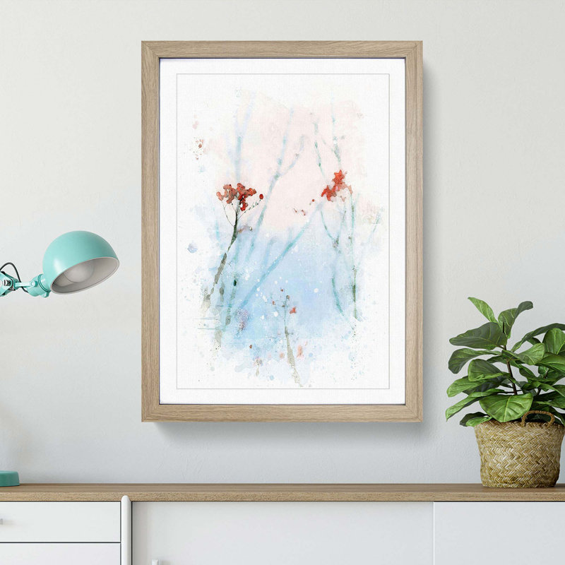 Branches of Red Berries in Abstract - Picture Frame Painting Print, 65cm H x 48cm W x 2cm D, Oak Framed