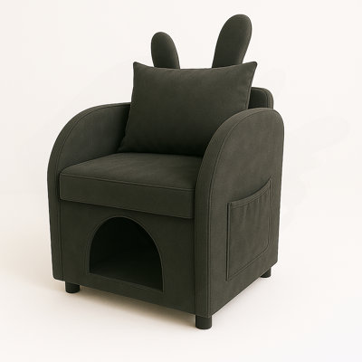 Dark Gray Bunny-Ear Pet-Friendly Armchair With Scratch-Resistant Fabric, Built-In Cat & Dog Hideaway, Dual-Use Sofa Chair With Side Pocket, 27.4 X 25.2 X 37.4 Inch