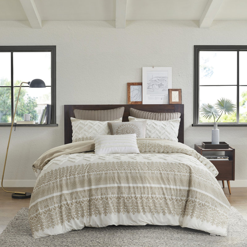 Housse de couette en coton double / grand, chenille, touche romantique, imprimé, réversible taupe, fermeture à boutons, décor lavable à la machine, chic