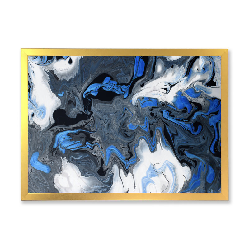 Vagues bleues liquides sur fond blanc et noir - peinture sur toile, H 34 po x l 44 po x P 1,5 po, Encadrement doré