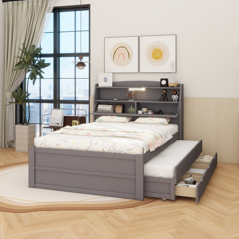 Lit plateforme en bois avec lit gigogne et tête de lit à DEL avec tiroirs, Lit double, Gris