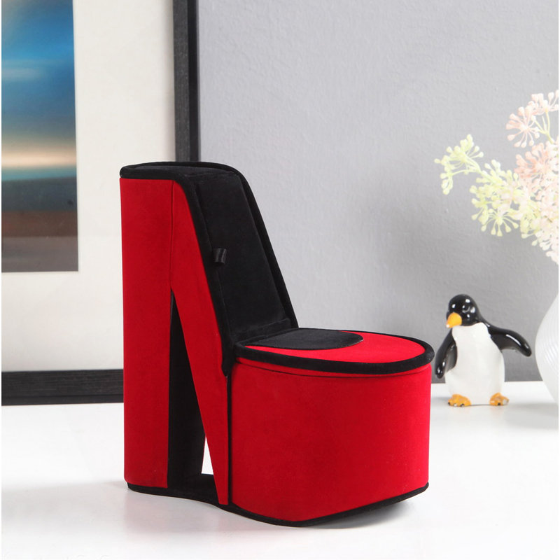 Boîte à bijoux 9 po avec rangement caché, conception de chaussures à talons hauts, velours rouge, Rouge
