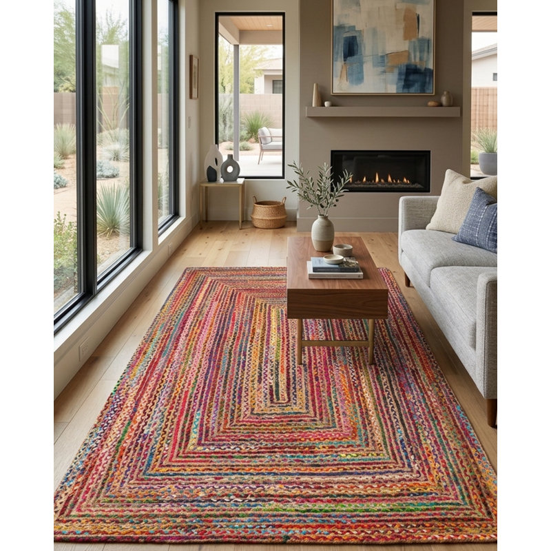 Hand Braided Cotton & Jute Contemporary Dark Multicolor Indoor / Outdoor Rectangle Area Rugs, Rectangle 5' x 8'
