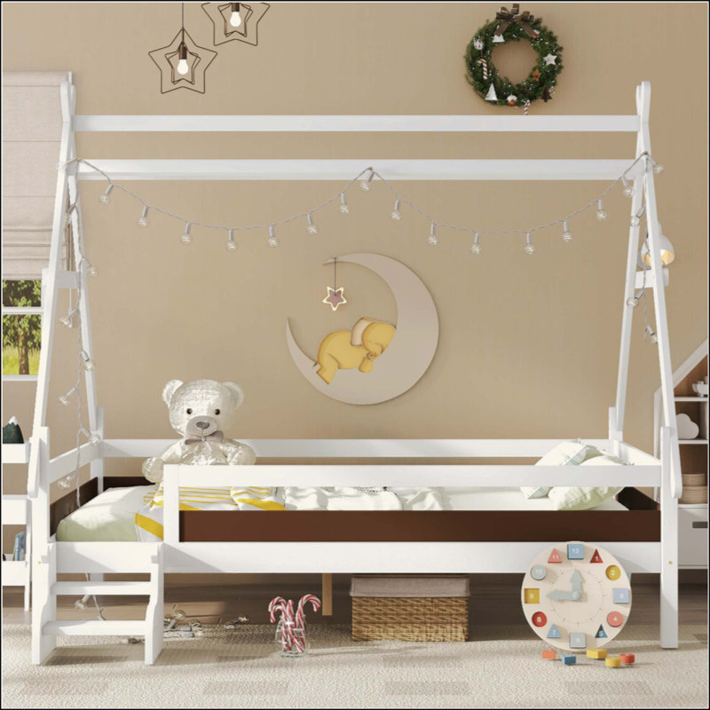 Lit plateforme House avec escalier, structure de lit en bois massif, profil bas et conception amusante pour enfants