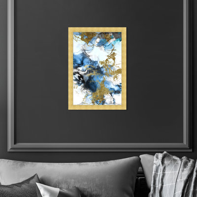 Blue Gold Abstract Shapes Coastal Framed Art Print For Bedroom